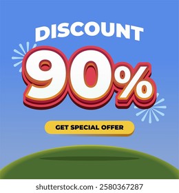 90% Discount Promotional Banner with 3D Text, Fireworks, Blue Gradient Background, and a Special Offer Button on a Green Hill with Eye catching Sale Advertisement Design