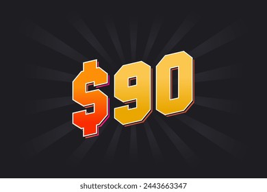 90 Dollar American Money vector text symbol. $90 USD United States Dollar stock vector