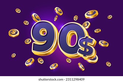 vale de regalo de cupón de 90 dólares, oferta especial de banner de devolución de efectivo, ganador del casino. Ilustración del vector