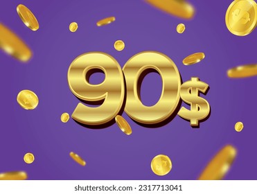 90 Dollar Geschenk oder Poster mit fliegenden Goldmünzen. Gutschein für 90 Dollar, Banner-Sonderangebot für Bargeld, Casino-Gewinner. Vektorgrafik.