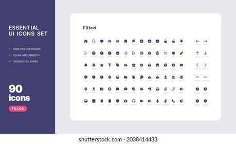 90 Essential Icons Set in Filled Style.

The set consists of essential and commonly-used icons that every UI designer needs. - Shutterstock ID 2038414433