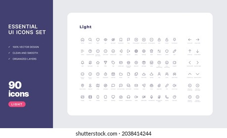 90 Essential Icons Set in Light Style.

The set consists of essential and commonly-used icons that every UI designer needs.