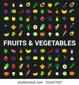 90 extra large stylish quality detail icon set farm fruit vegetable berry mushroom plants. Lemon banana strawberry pineapple kiwi cucumber tomato onion pepper plum orange wheat apple. Food collection.