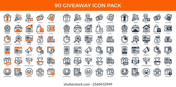 90 Giveaway Icons in 3 Styles (Line, Solid, Two-Tone), Featuring Coupon, Deadline, Discount Tag, and More – Vector Illustrations