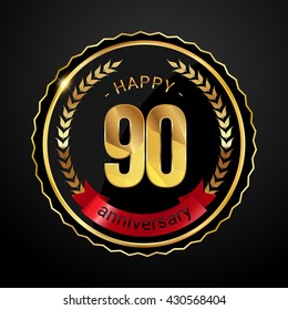 90 golden anniversary logo with red ribbon, low poly design number