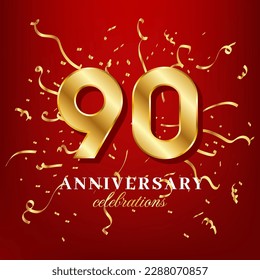 90 golden numbers and anniversary celebrating text with golden confetti spread on a red background