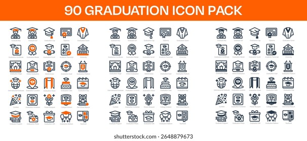 90 Graduation Icons in 3 Styles (Line, Solid, Two-Tone), Featuring Academic Transcript, College Emblem, Diploma, and More – Vector Illustrations