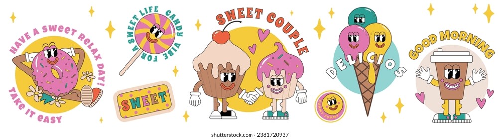 90 Groovy Sticker Food Collage. Cartoon Character of Ice Cream, Donut, Coffee, Candy, Cupcakes and Millennium Slogan Patches. Fun Smile Faces, cool y2k Vector Illustration. Funky art for T-Shirts. 