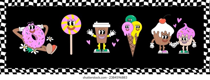 90 Groovy Sticker Food Collage. Cartoon Character of Ice Cream, Donut, Coffee, Candy, Cupcakes. Fun Smile Faces, cool y2k Vector Illustration. Funky art for T-Shirts. 