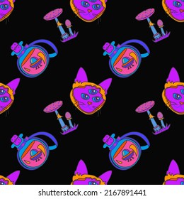 90 groovy trippy seamless pattern with three eyed cat, posion and mushroom