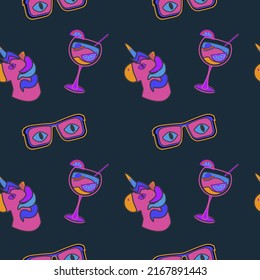 90 groovy trippy seamless pattern with unicorn, cocktail, sun glasses