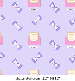 90 groovy trippy seamless pattern Old pc game 90s aesthetic. Pixel icons, mail, sandglass. Vaporwave and retrowave style pattern.