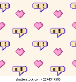 90 groovy trippy seamless pattern Old pc game 90s aesthetic. Pixel icons, hearts, dialog boxes, hi text. Vaporwave and retrowave style pattern.