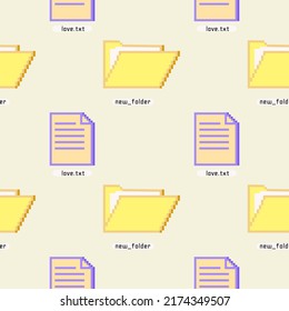 90 groovy trippy seamless pattern Old pc game 90s aesthetic. Pixel icons, new folder, txt document. Vaporwave and retrowave style pattern.