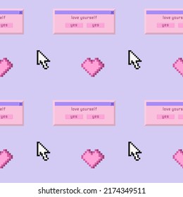 90 groovy trippy seamless pattern Old pc game 90s aesthetic. Pixel icons, hearts, cursor, dialog boxes, love yourself text. Vaporwave and retrowave style pattern.