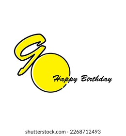 90 Happy Birthday lettering, continuous line drawing, banner, poster, flyer, greeting card, handwritten, emblem or logo design, one single line on a white background, isolated on a white background.