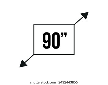 90 inches. Vector screen measurement and resolution in inches. Size in inch isolated on white background