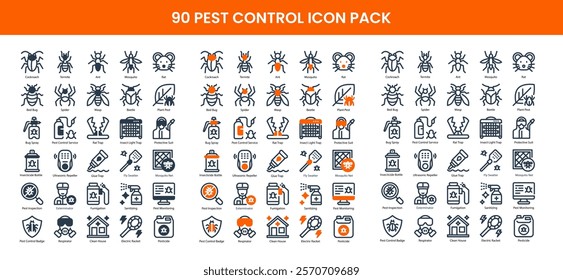 90 Insect Control Icons in 3 Styles (Line, Solid, Two-Tone), Featuring Bug Spray, Electric racket, Exterminator, and More – Vector Illustrations