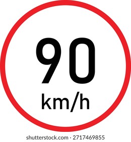 Señal de tráfico de límite de velocidad de 90 km h con círculo rojo sobre fondo blanco: símbolo de regulación de velocidad en carretera, señalización de control de velocidad máxima, aviso de seguridad de conducción y reglas de Transporte, ícono de restricción de velocidad en carretera y carretera Urbana para la gestión del tráfico.