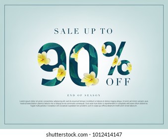 90% lettering handmade with leaves and flower tropical decoration. For Sale discount, Web Promotion, Poster Banner Background, Sign and symbol. Luxury unique style, Green color, Vector illustration