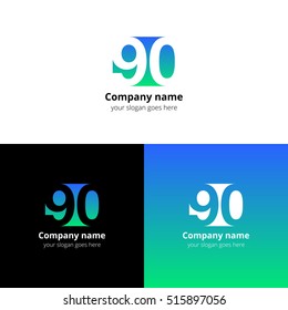 90 logo icon flat and vector design template. Monogram years numbers nine and zero. Logotype ninety with blue-green gradient color. Creative vision concept logo, elements, sign, symbol for card,
