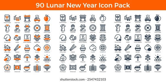 90 Lunar New Year Icons in 3 Styles (Line, Solid, Two-Tone), Featuring Chinese Calligraphy, Dragon Boat, Dumplings, and More – Vector Illustrations