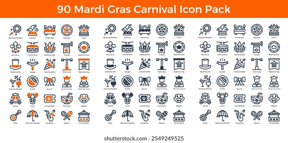 90 Mardi Gras Carnival Icons in 3 Styles (Line, Solid, Two-Tone), Featuring Carnival Booth, Crown, Feathered Mask, and More – Vector Illustrations