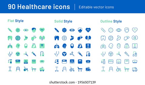 90 Medical Healthcare Icons • Flat, Solid And Outline Style