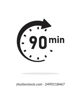 90 minutes on stopwatch icon in flat style. Clock face timer vector illustration on isolated background. Countdown sign business concept.