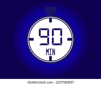 90 minutes stopwatch vector icon. Stopwatch icon in clock style. Timer for schedules and appointments on blue background