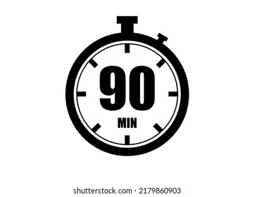 90 Minutes timers clock. Time measure. Chronometer vector icon black isolated on white background.