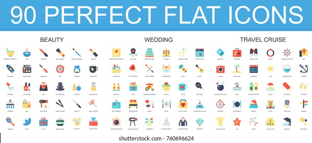 90 modern flat icon set of beauty, wedding, travel cruise icons.