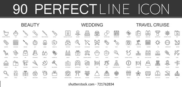 90 modern thin line icons set of beauty cosmetics, wedding, travel cruise