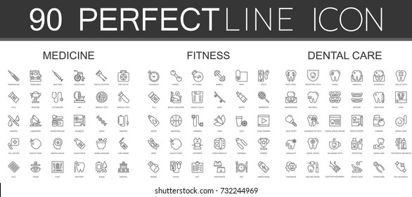 90 Modern Thin Line Icons Set Of Medicine, Fitness, Dental Care