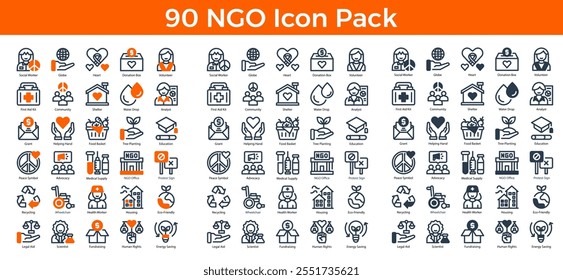 90 NGO Icons in 3 Styles (Line, Solid, Two-Tone), Featuring Advocacy, Donation Box, Fundraising, and More – Vector Illustrations