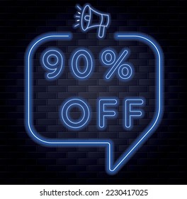 90% ninety percent off. Neon blue banner with floating balloon for promotions