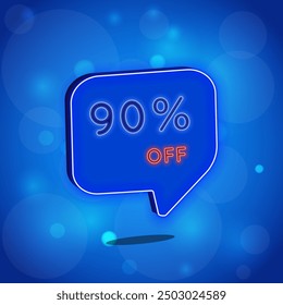 90%. ninety percent off. neon style. Selling special offers. A neon style balloon advertisement for a shopping day retail advertising campaign. blue background with polka dots. vector illustration