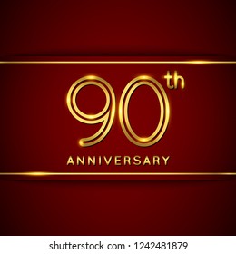 90 / Ninety Years Anniversary Logo with Shiny Golden Number on Red Background Isolated. 90th / Ninetieth Celebration Event. Can Use for Poster, Invitation and Greeting Card. Easily Editable Vector.