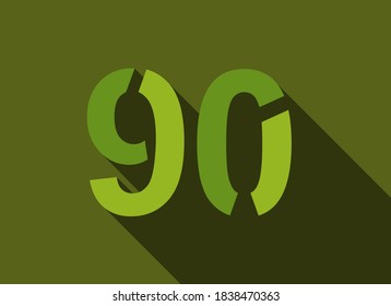 90 Número con sombra larga, color verde estilo de corte. Para logotipo, etiqueta de marca, elementos de diseño, identidad corporativa, aplicación y más. Ilustración modificable del vector.