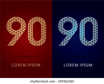 90 ,Number ,Luxury font,designed using gold and silver geometric on dark red and dark blue background,concept shape from screws,hexagon, honeycomb,jewelry,gems, logo, symbol icon,graphic,vector.