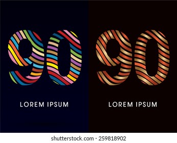90 ,Number,colorful font and luxury font ,designed using colors line on dark background, concept move, wave, water, freestyle, happy, fun, joy, fantasy ,logo, symbol, icon, graphic, vector.