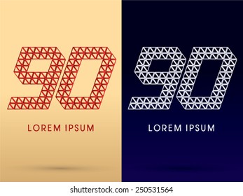 90 ,Number,Luxury font ,designed using red and silver triangle geometric shape on gold and dark blue background, concept shape from, jewelry, diamond ,gems ,logo, symbol, icon, graphic, vector.