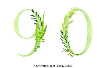 9,0 numbers made of green leaves. Green leaves font cartoon vector illustration