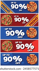 90 OFF, 5 discount coupons for purchasing pizzas, blue and red.