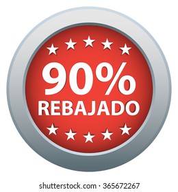 90% Off badge, sticker, button. Spanish language. Red color. Isolated. Vector illustration.