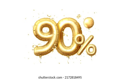 90 Off balloons, discount sale, balloon in the form of a digit, golden confetti. Vector illustration.