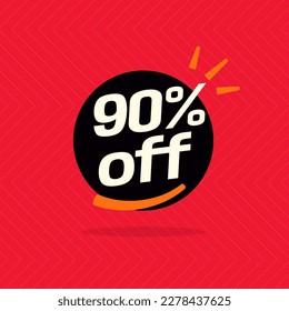90% off. Black banner with special sale ten percent off black speech bubble and red background.