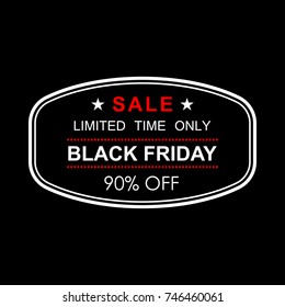 90% off. Black Friday discount banner. Sale tag or stamp. Special offer, flyer, promo design element. Vector illustration.