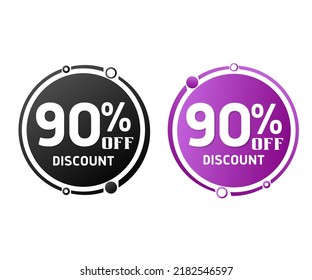 90% de descuento, colección de iconos de etiqueta de descuento circular. Juego de etiquetas de venta en negro y púrpura. ilustración vectorial