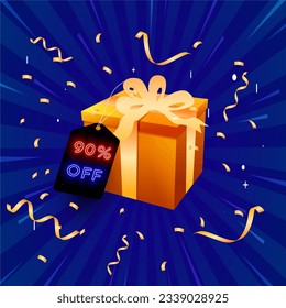 90% off. Creative composition of discount. in blue and yellow colors. neon style. Sale symbol with decorative objects, golden confetti, podium and gift box. Sale banner and poster. Vector illustration